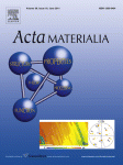 The cover of Acta Materialia Journal light blue background dark blue atoms with blue font and graph towards the bottom right of page 
