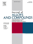The Cover of Journal of Alloys and Compounds Journal on a white background with a grey color strip vertically in the middle with blue letters for the title 